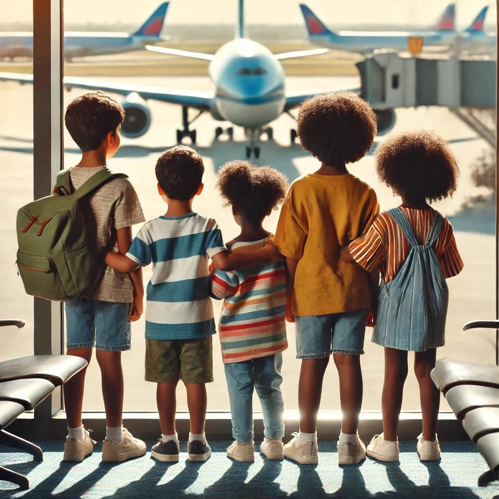Des enfants à la porte d'embarquement regardent l'avion Polyglot why not, prêts à décoller pour 9 destinations