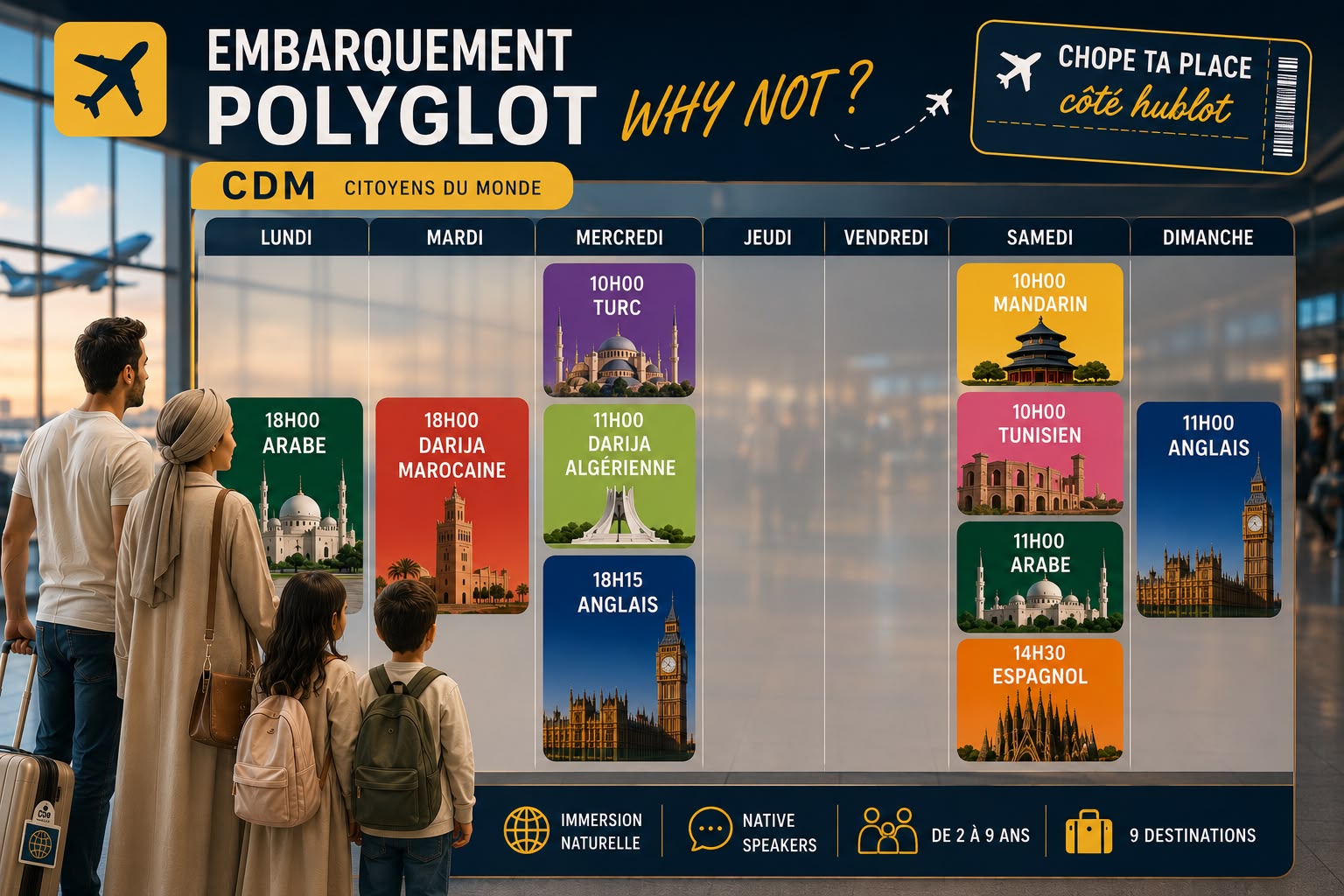 Planning hebdomadaire Polyglot why not CDM Citoyens du monde : famille devant le tableau des départs avec les 9 destinations
