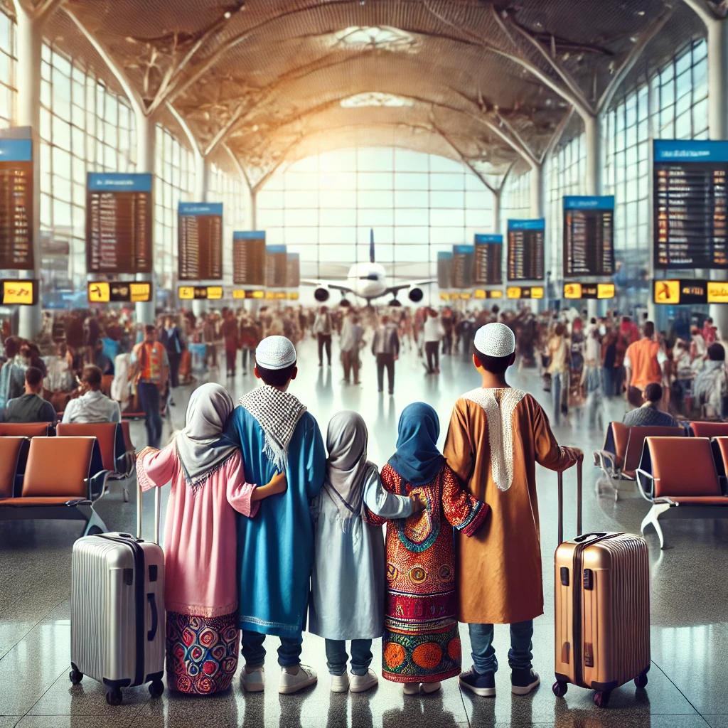 Cinq enfants côte à côte devant la porte d'embarquement observent l'avion sur le tarmac