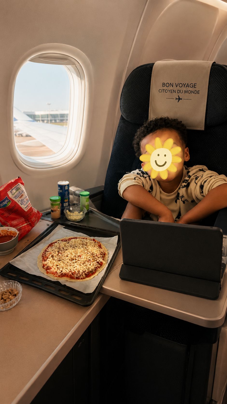 Enfant dégustant une part de pizza pendant son Happy Atelier, tablette et nuages en arrière-plan